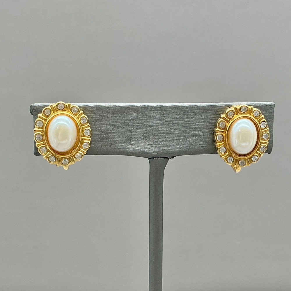 Napier Faux Pearl Rhinestone Earrings Women Gold Tone Oval Vintage Screw Back